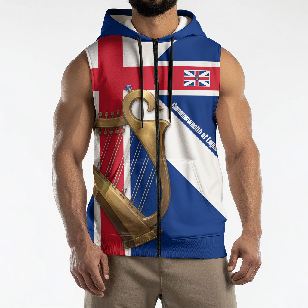 Commonwealth Of England Flag Golden Harp Sleeveless Zip Hoodie Historical British Heritage