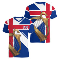 Commonwealth Of England Flag Golden Harp Women V-Neck T-Shirt Historical British Heritage