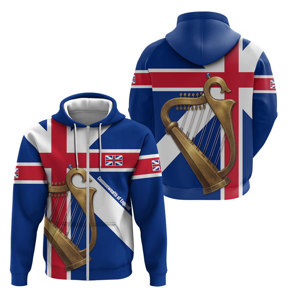 Commonwealth Of England Flag Golden Harp Zip Hoodie Historical British Heritage