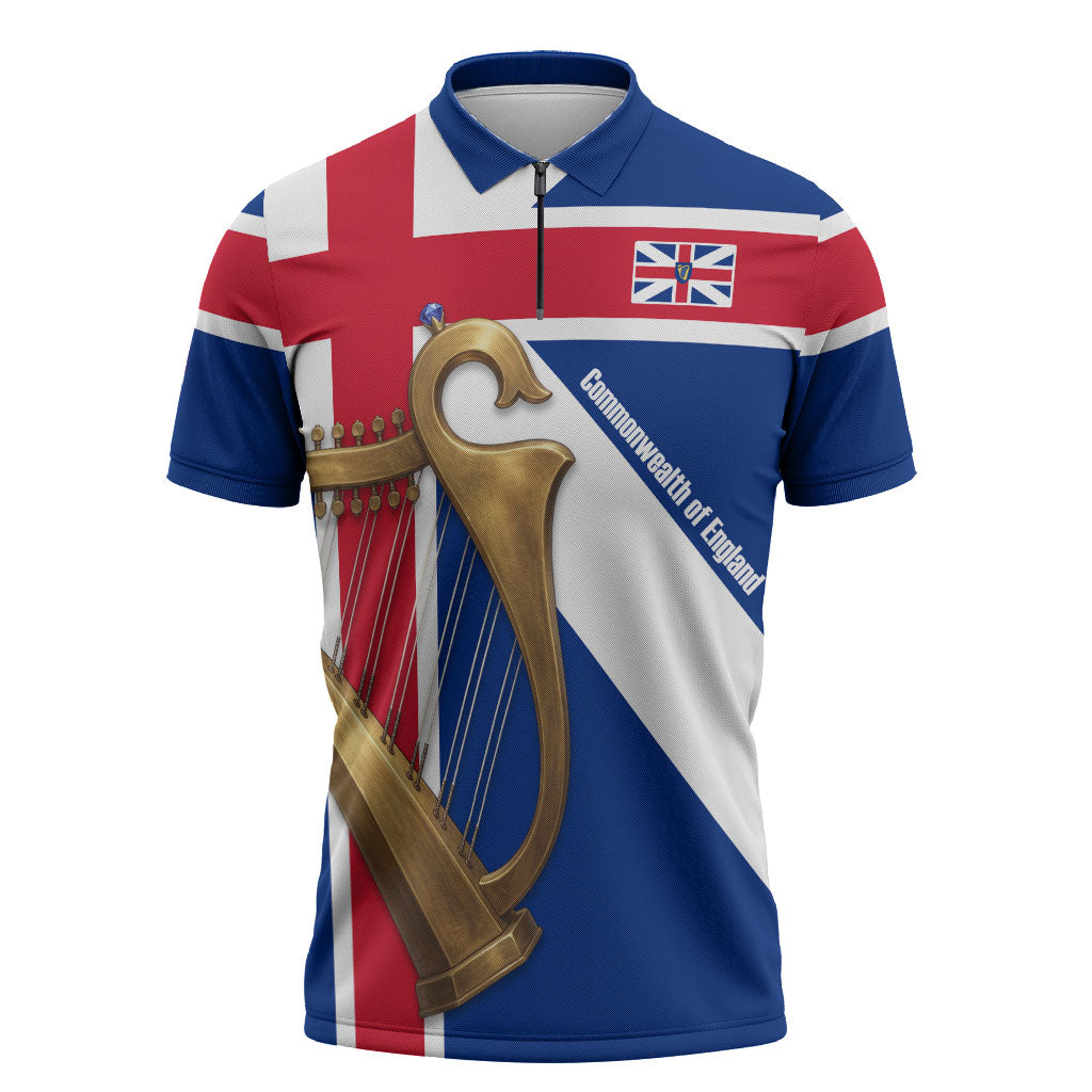 Commonwealth Of England Flag Golden Harp Zipper Polo Shirt Historical British Heritage