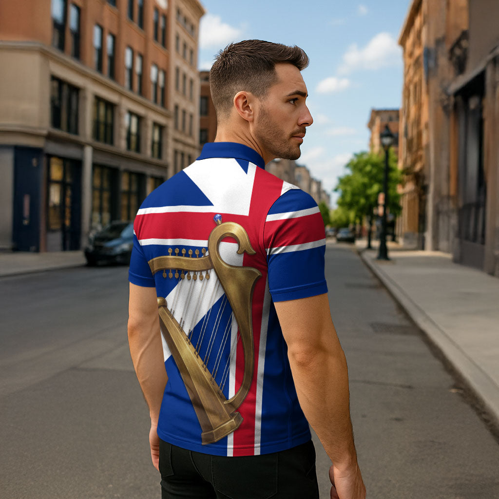 Commonwealth Of England Flag Golden Harp Zipper Polo Shirt Historical British Heritage