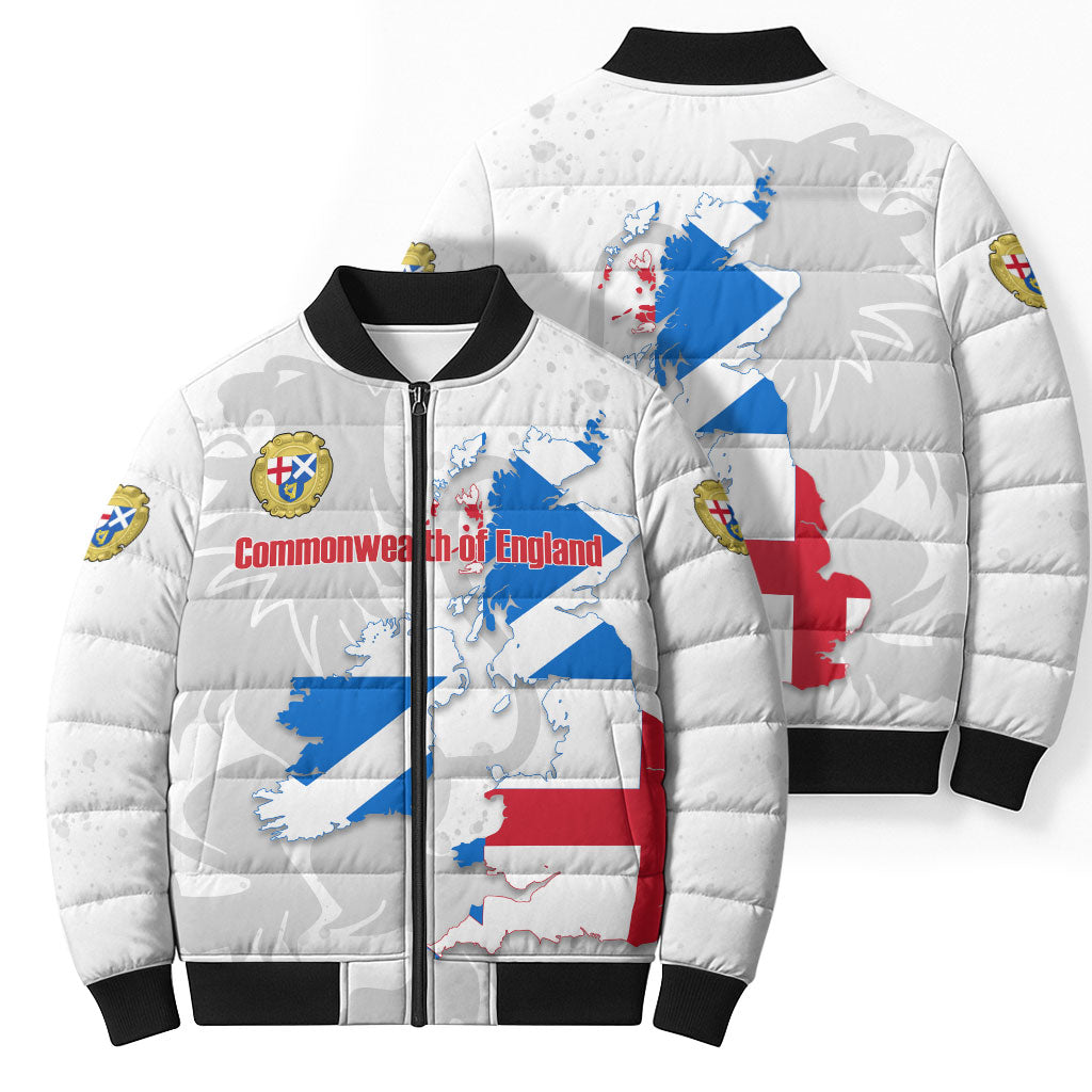 Commonwealth Of England Map Bomber Puffer Jacket Historical British Isles Flag Silhouette