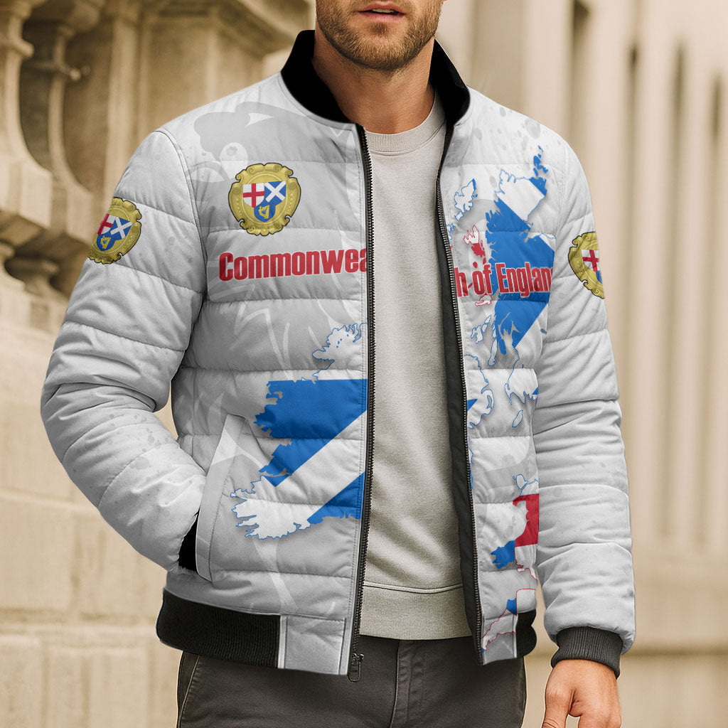 Commonwealth Of England Map Bomber Puffer Jacket Historical British Isles Flag Silhouette