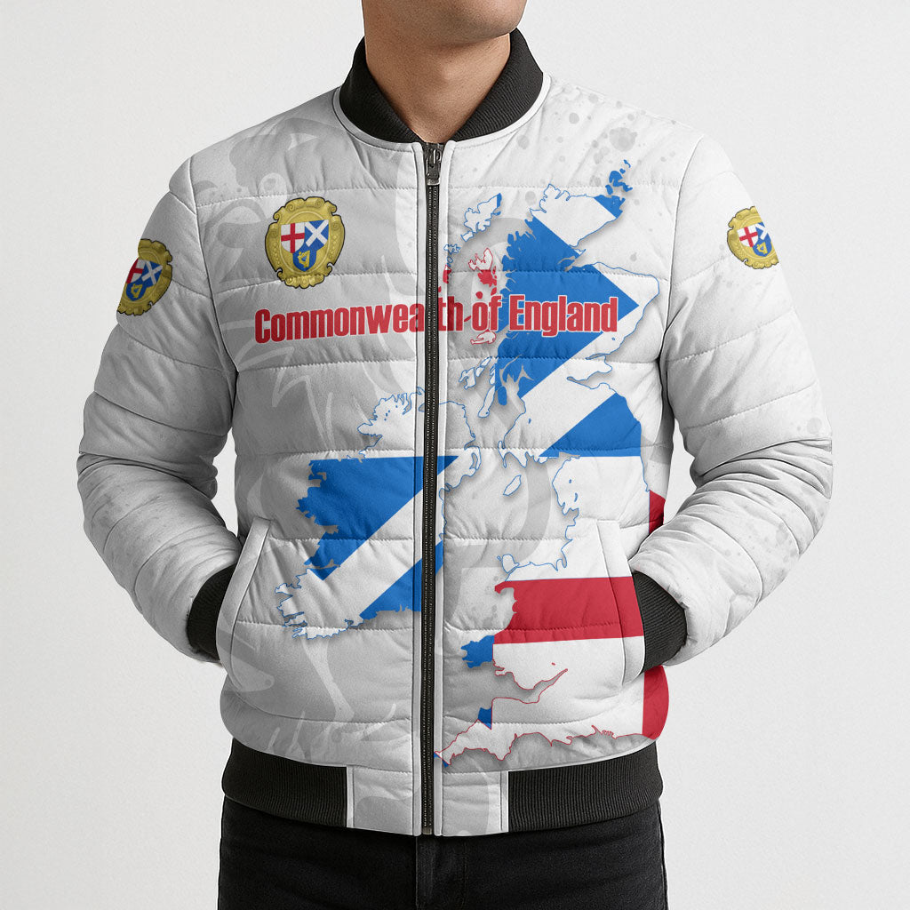 Commonwealth Of England Map Bomber Puffer Jacket Historical British Isles Flag Silhouette