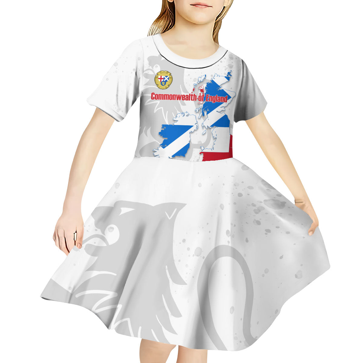Commonwealth Of England Map Kid Short Sleeve Dress Historical British Isles Flag Silhouette