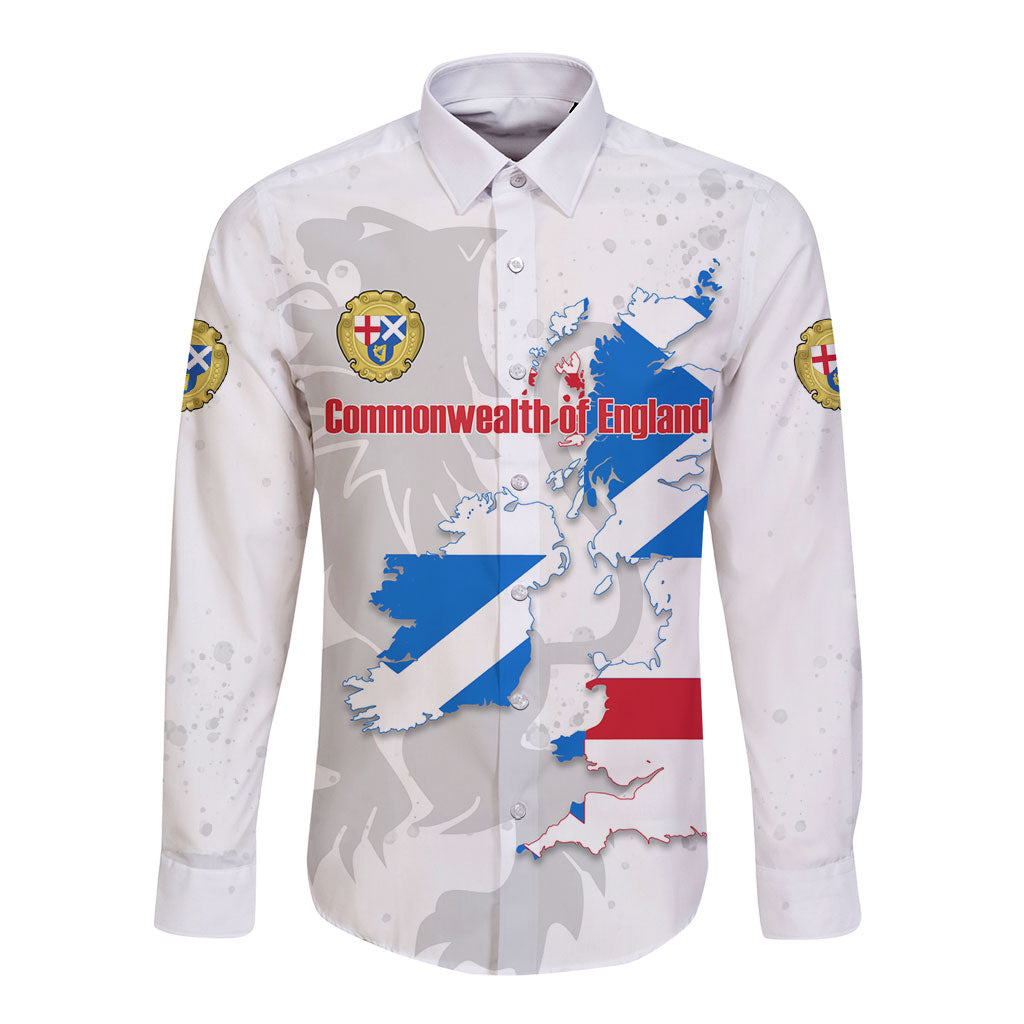 Commonwealth Of England Map Long Sleeve Button Shirt Historical British Isles Flag Silhouette