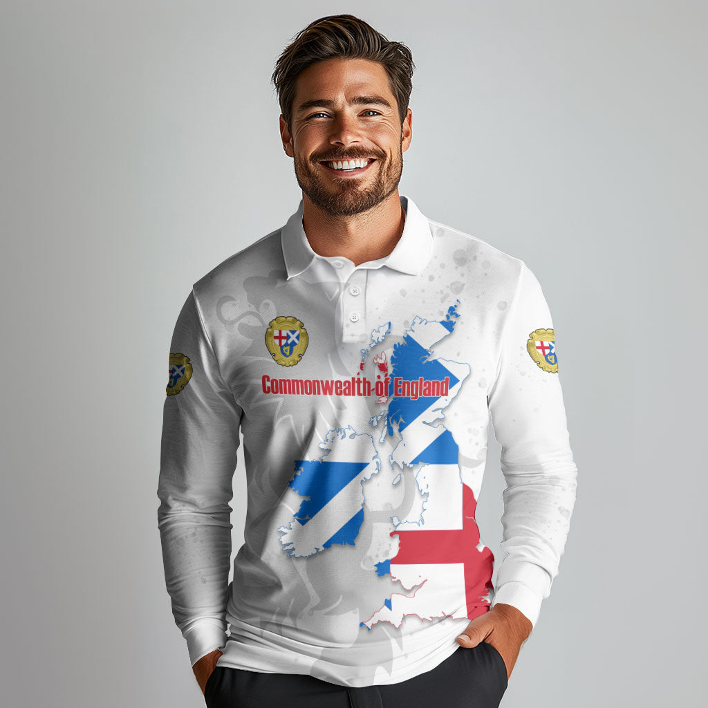 Commonwealth Of England Map Long Sleeve Polo Shirt Historical British Isles Flag Silhouette