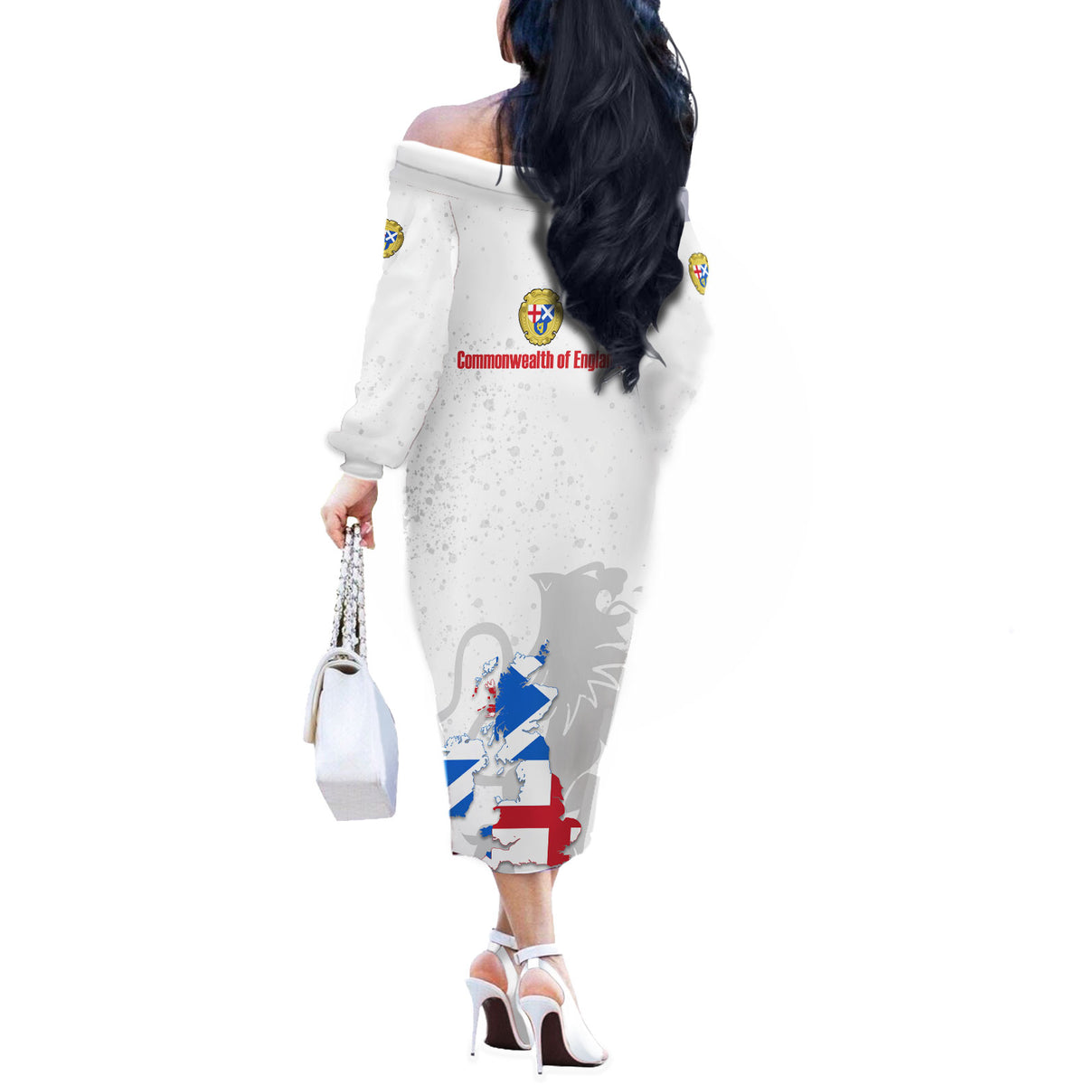 Commonwealth Of England Map Off The Shoulder Long Sleeve Dress Historical British Isles Flag Silhouette