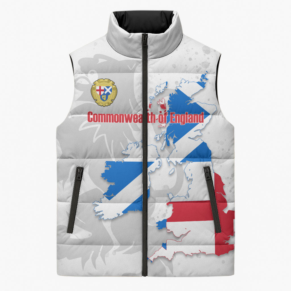 Commonwealth Of England Map Sleeveless Puffer Jacket Historical British Isles Flag Silhouette
