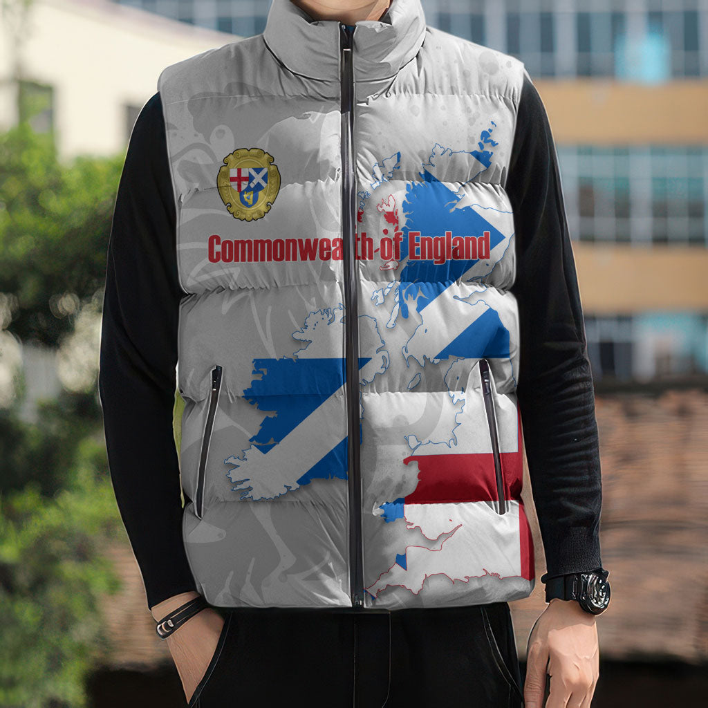 Commonwealth Of England Map Sleeveless Puffer Jacket Historical British Isles Flag Silhouette