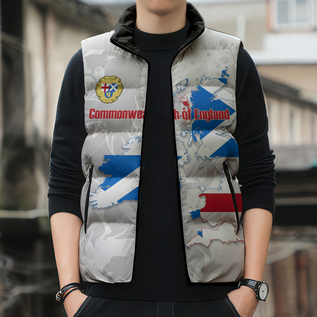 Commonwealth Of England Map Sleeveless Puffer Jacket Historical British Isles Flag Silhouette