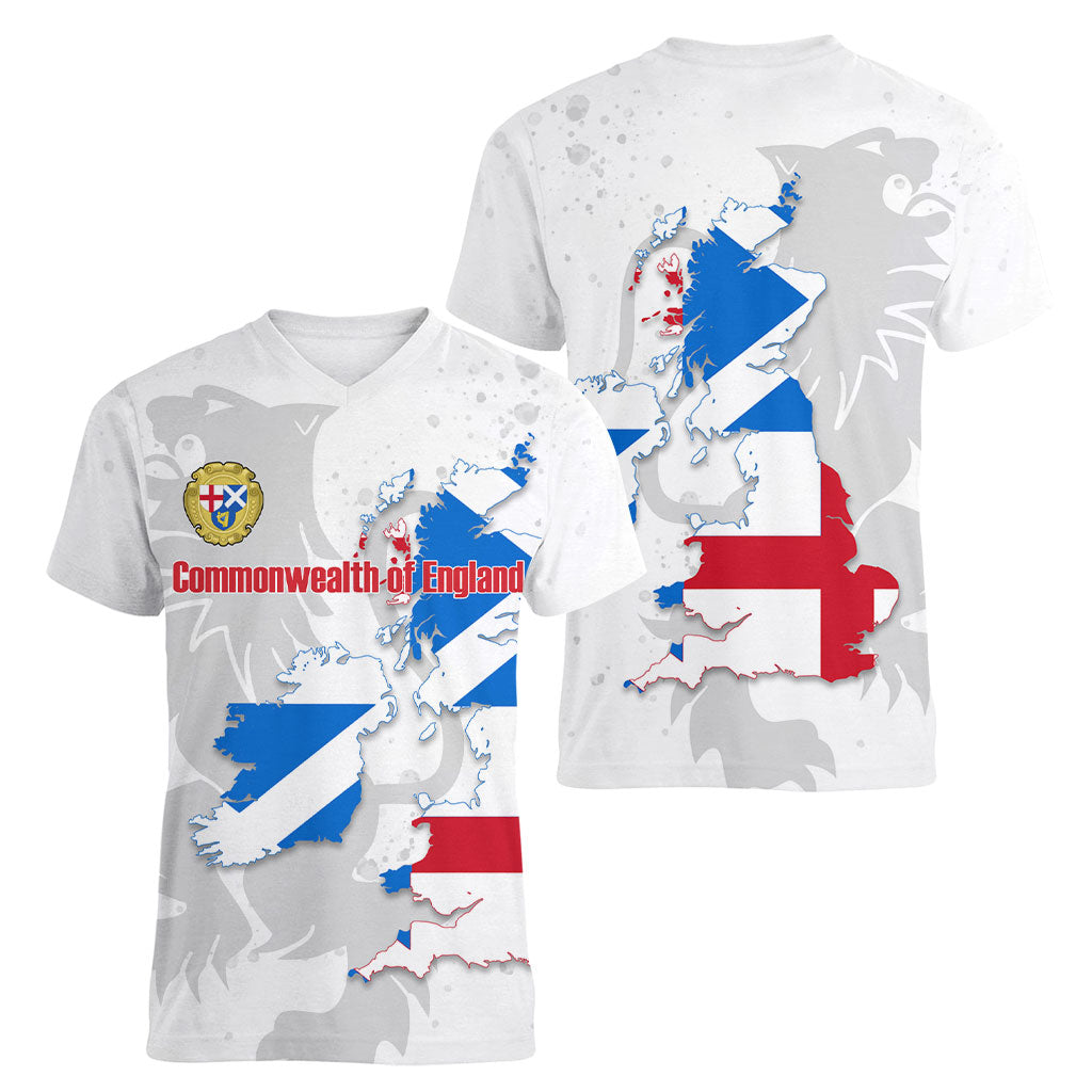 Commonwealth Of England Map Women V-Neck T-Shirt Historical British Isles Flag Silhouette