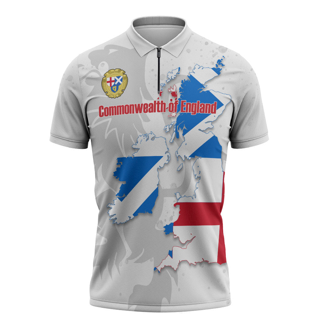 Commonwealth Of England Map Zipper Polo Shirt Historical British Isles Flag Silhouette