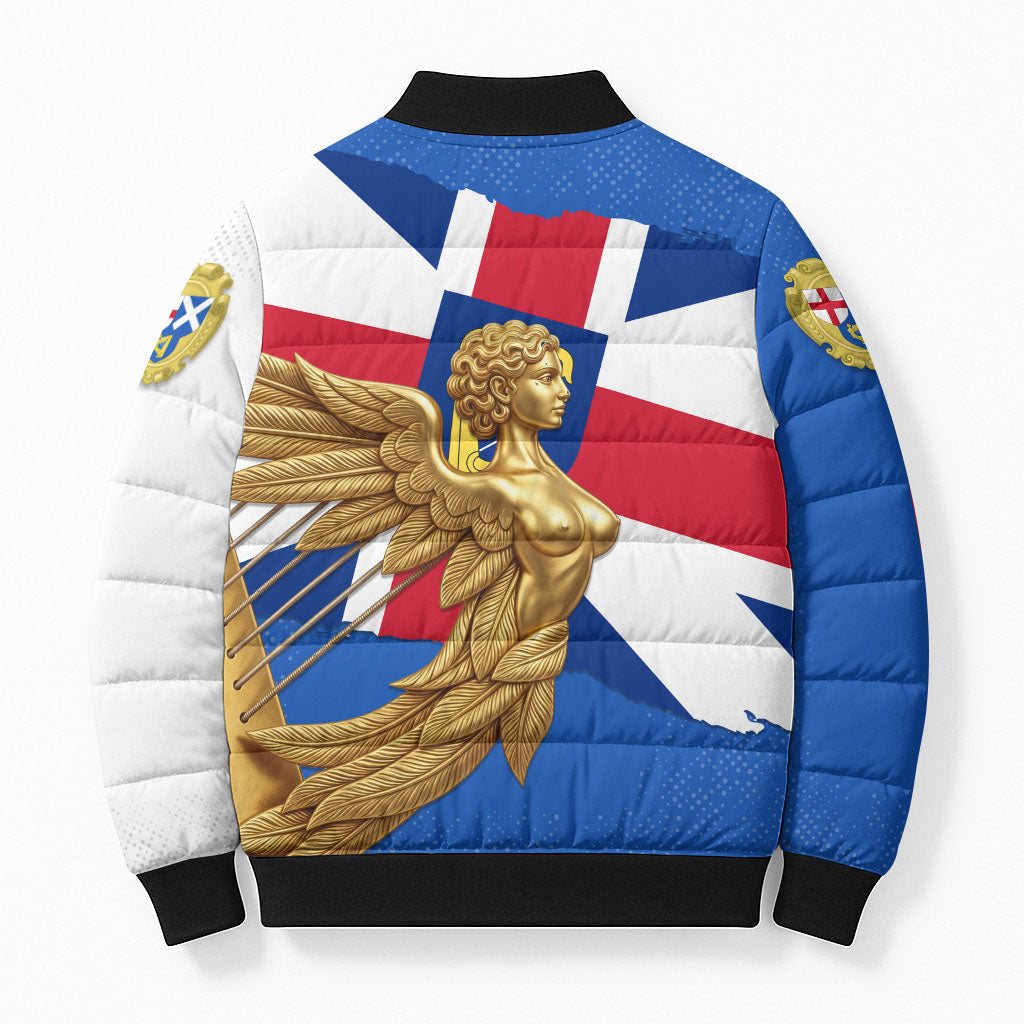 Commonwealth Of England Flag Golden Angel Bomber Puffer Jacket Historical British Heritage Winged Figure