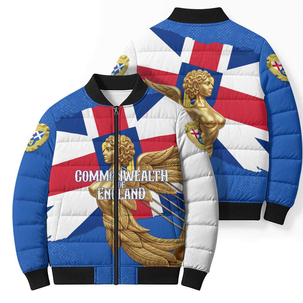 Commonwealth Of England Flag Golden Angel Bomber Puffer Jacket Historical British Heritage Winged Figure