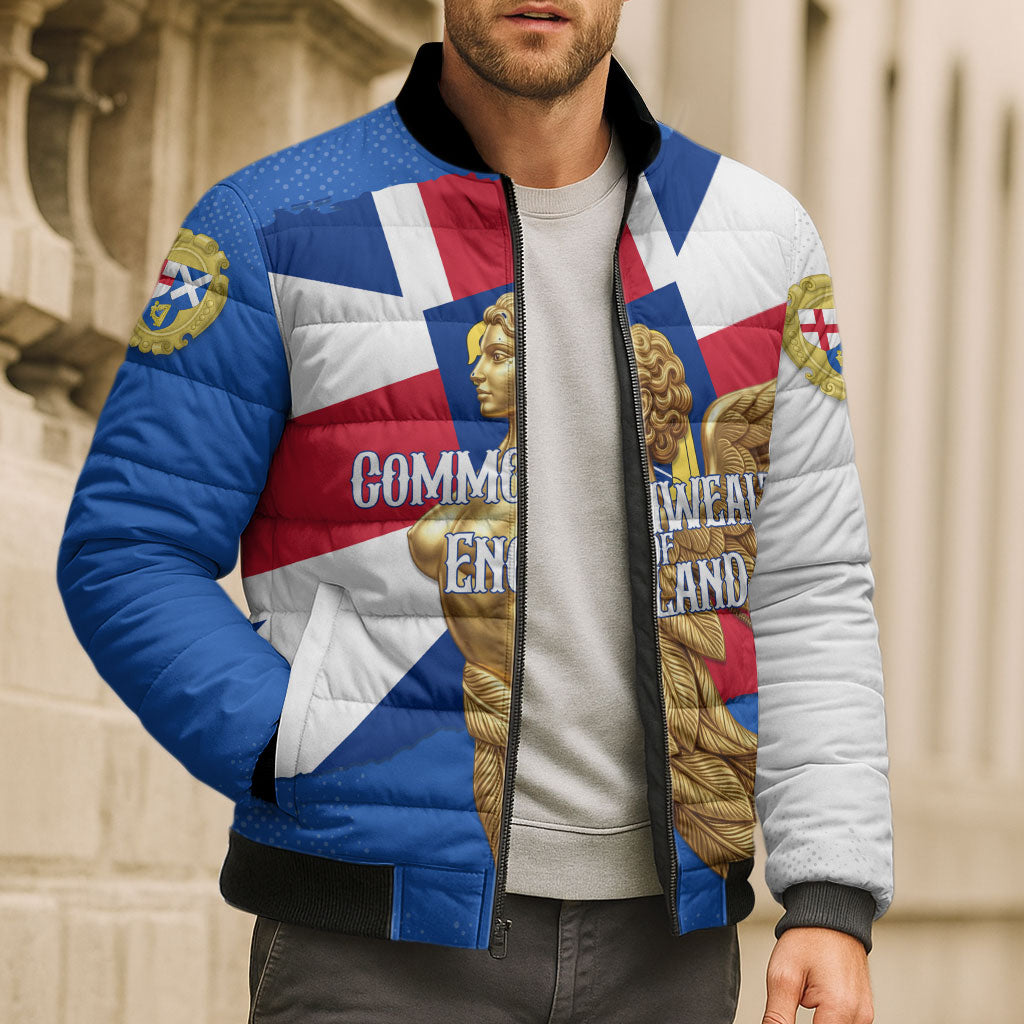 Commonwealth Of England Flag Golden Angel Bomber Puffer Jacket Historical British Heritage Winged Figure