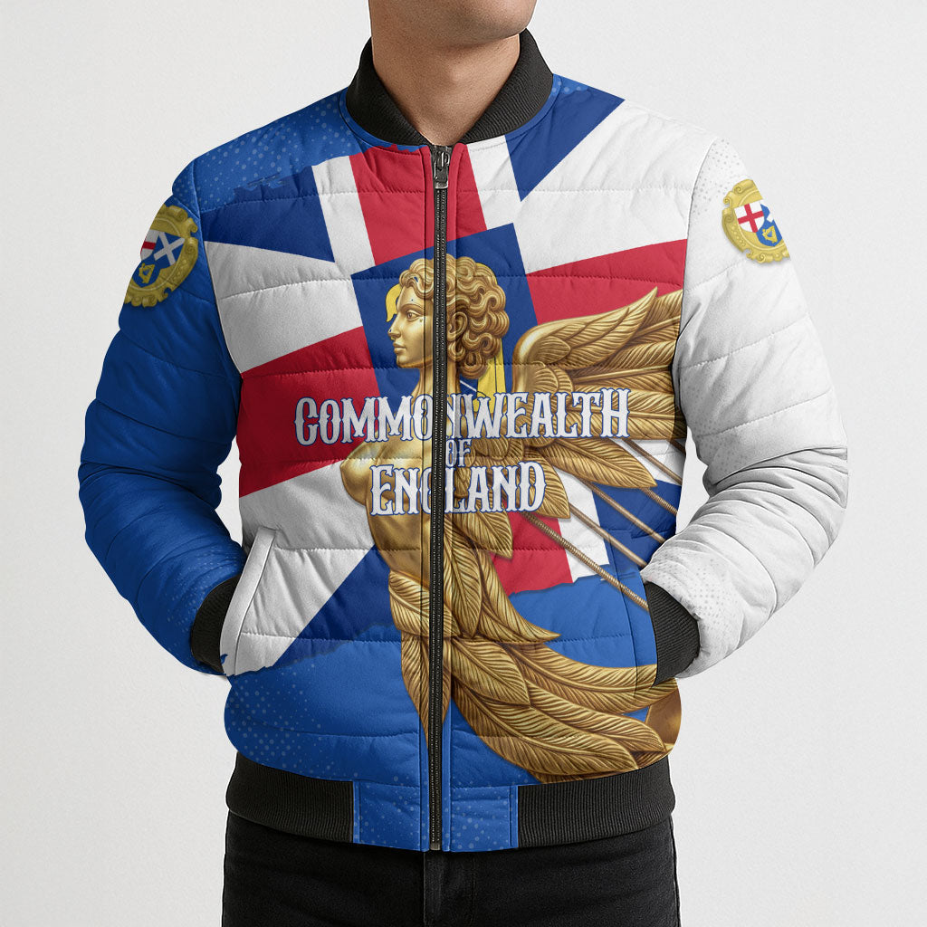 Commonwealth Of England Flag Golden Angel Bomber Puffer Jacket Historical British Heritage Winged Figure