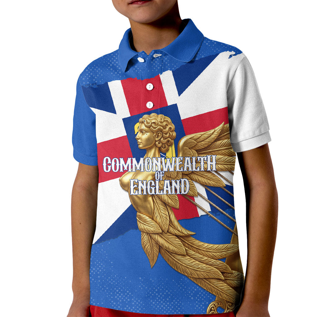 Commonwealth Of England Flag Golden Angel Kid Polo Shirt Historical British Heritage Winged Figure