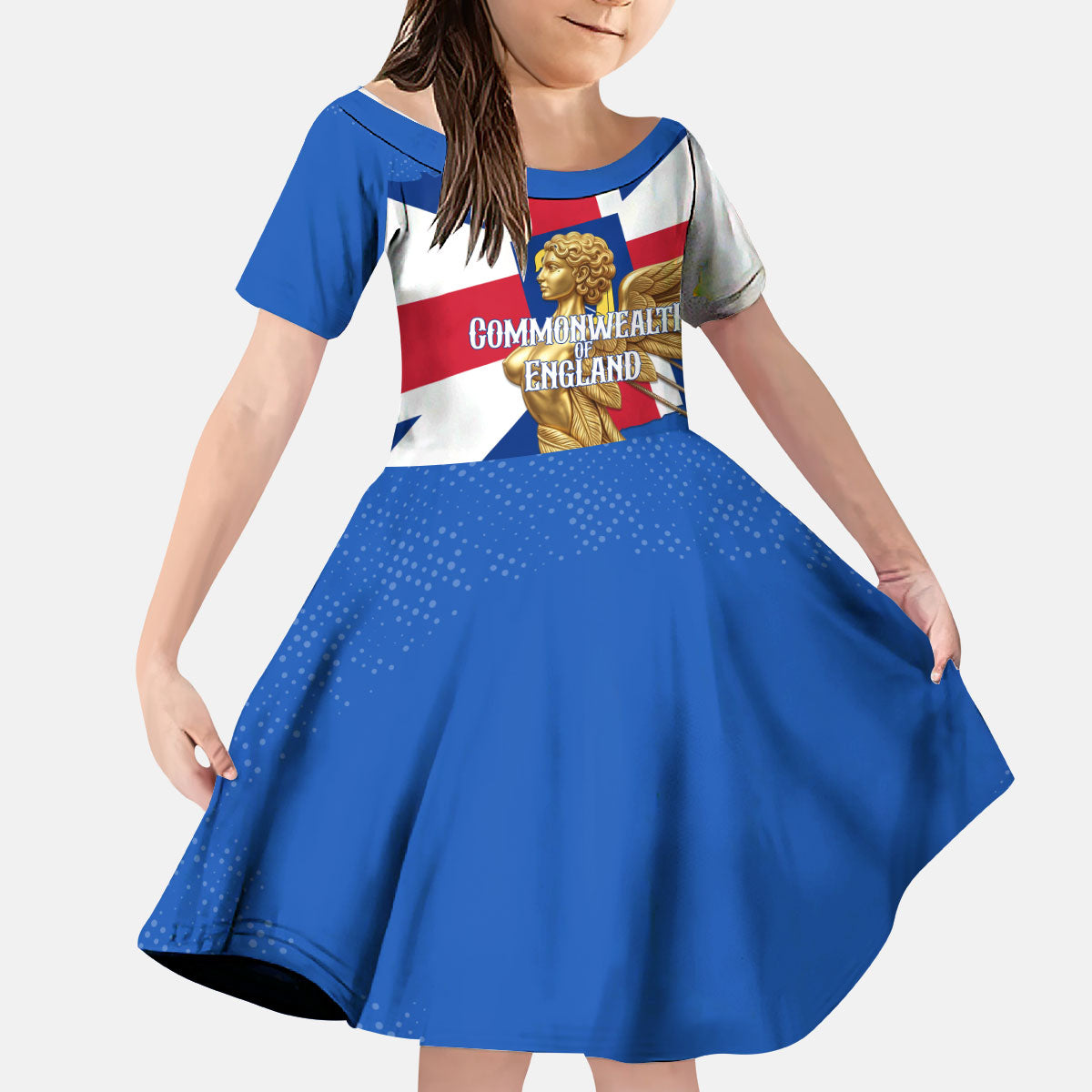 Commonwealth Of England Flag Golden Angel Kid Short Sleeve Dress Historical British Heritage Winged Figure