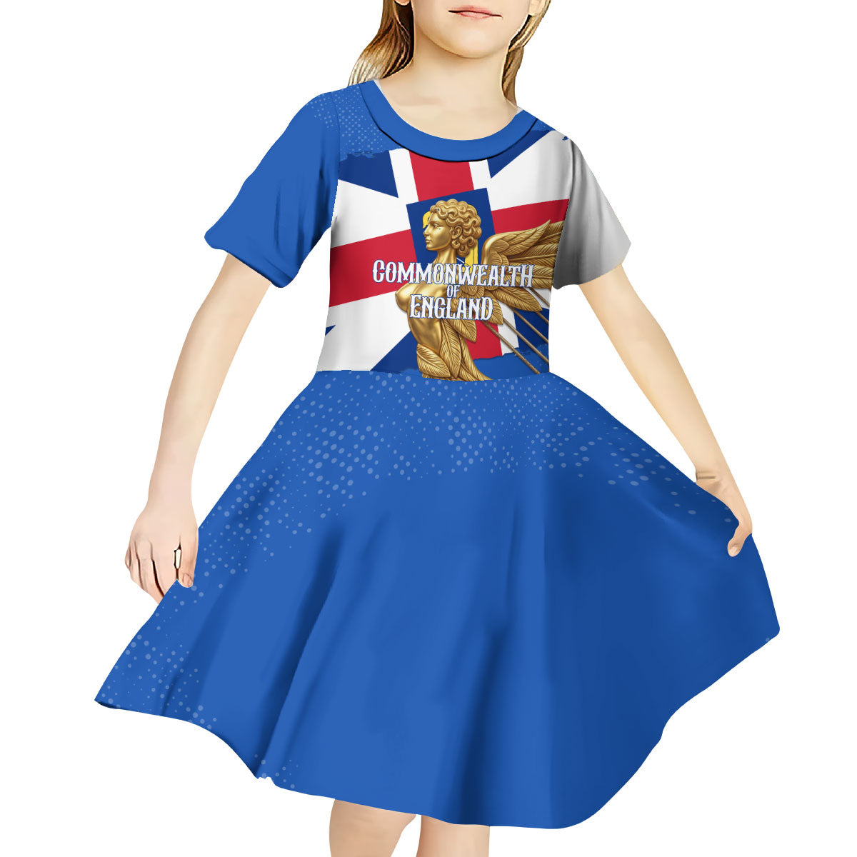 Commonwealth Of England Flag Golden Angel Kid Short Sleeve Dress Historical British Heritage Winged Figure
