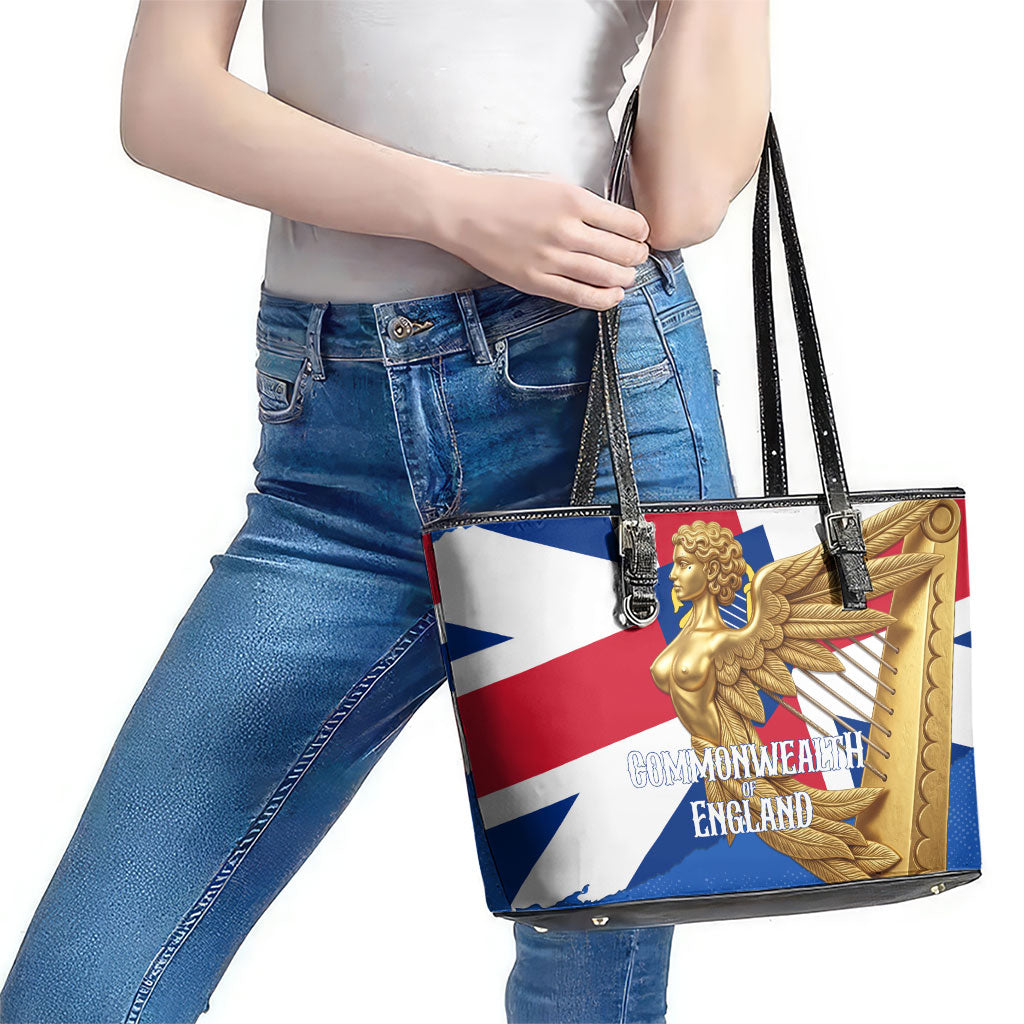 Commonwealth Of England Flag Golden Angel Leather Tote Bag Historical British Heritage Winged Figure