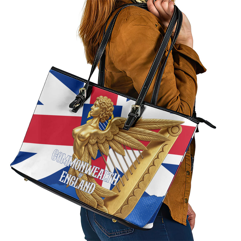 Commonwealth Of England Flag Golden Angel Leather Tote Bag Historical British Heritage Winged Figure