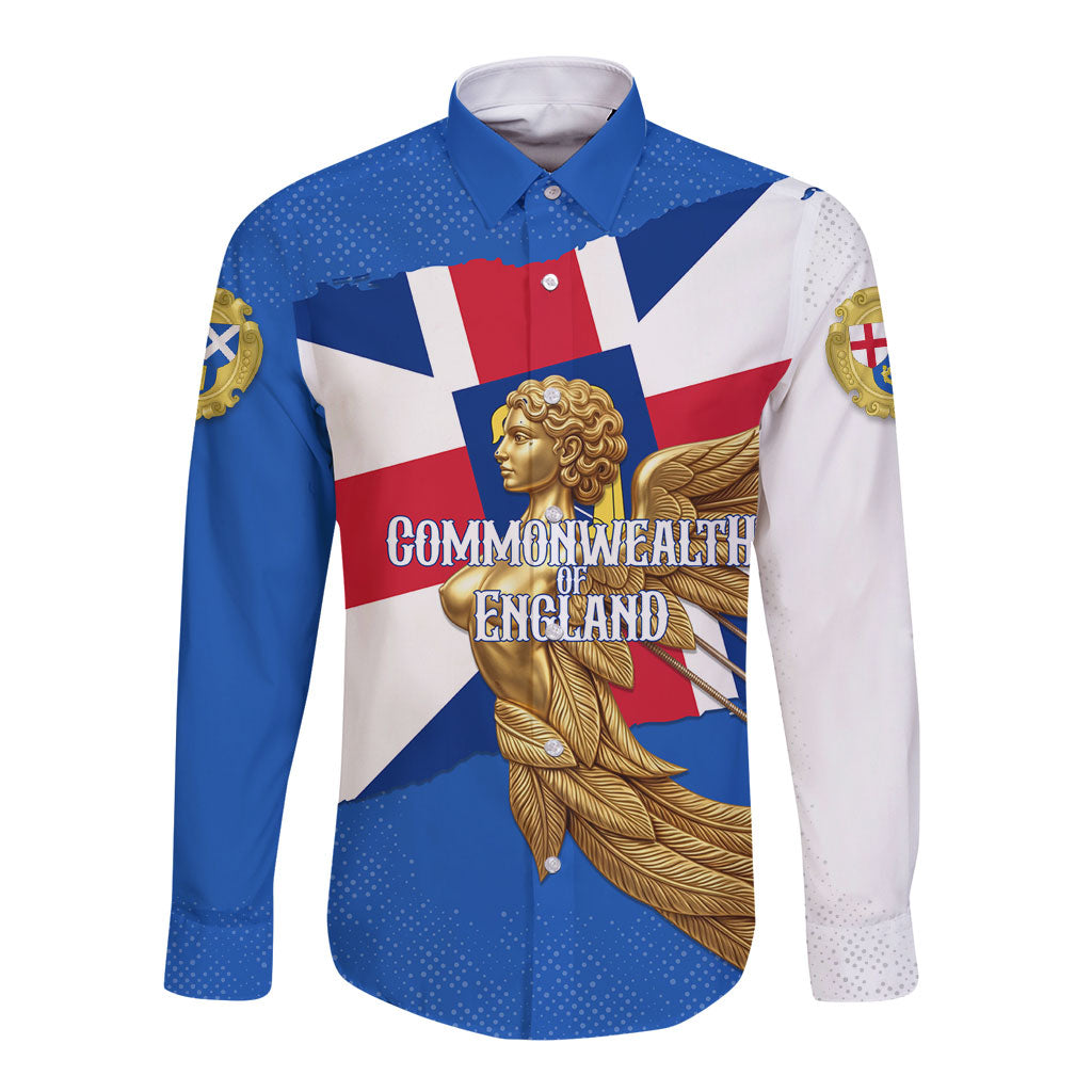 Commonwealth Of England Flag Golden Angel Long Sleeve Button Shirt Historical British Heritage Winged Figure
