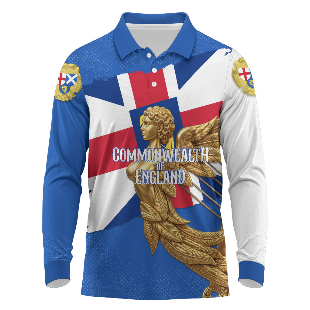 Commonwealth Of England Flag Golden Angel Long Sleeve Polo Shirt Historical British Heritage Winged Figure