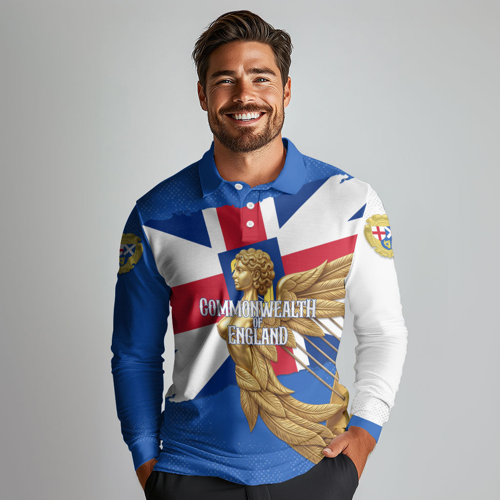 Commonwealth Of England Flag Golden Angel Long Sleeve Polo Shirt Historical British Heritage Winged Figure