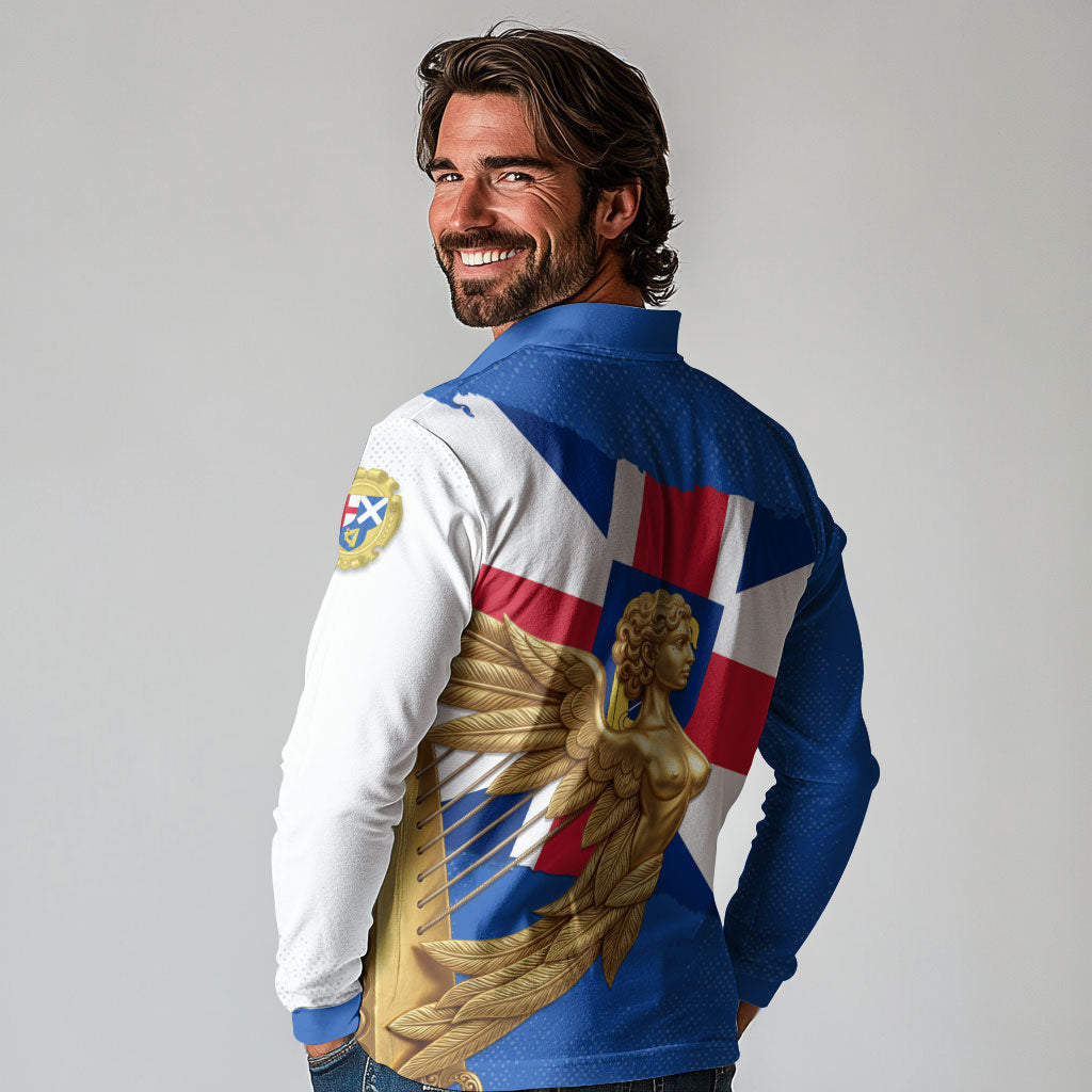 Commonwealth Of England Flag Golden Angel Long Sleeve Polo Shirt Historical British Heritage Winged Figure
