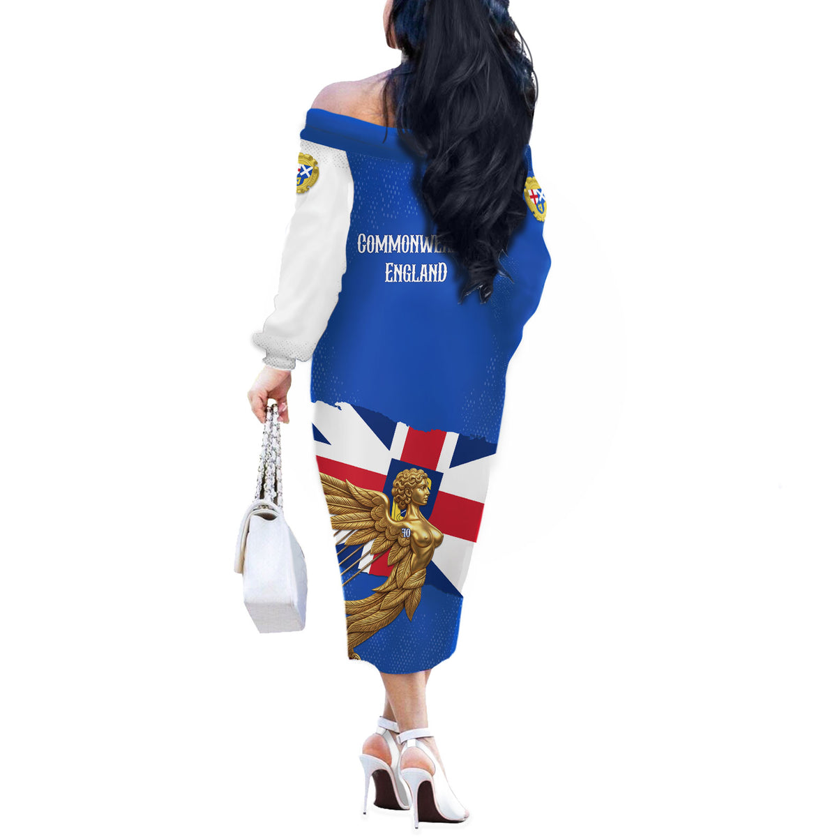 Commonwealth Of England Flag Golden Angel Off The Shoulder Long Sleeve Dress Historical British Heritage Winged Figure