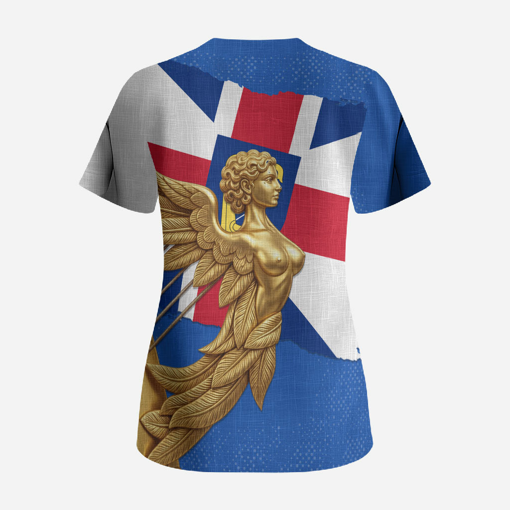 Commonwealth Of England Flag Golden Angel Scrub Top Historical British Heritage Winged Figure
