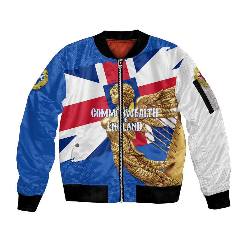 Commonwealth Of England Flag Golden Angel Sleeve Zip Bomber Jacket Historical British Heritage Winged Figure