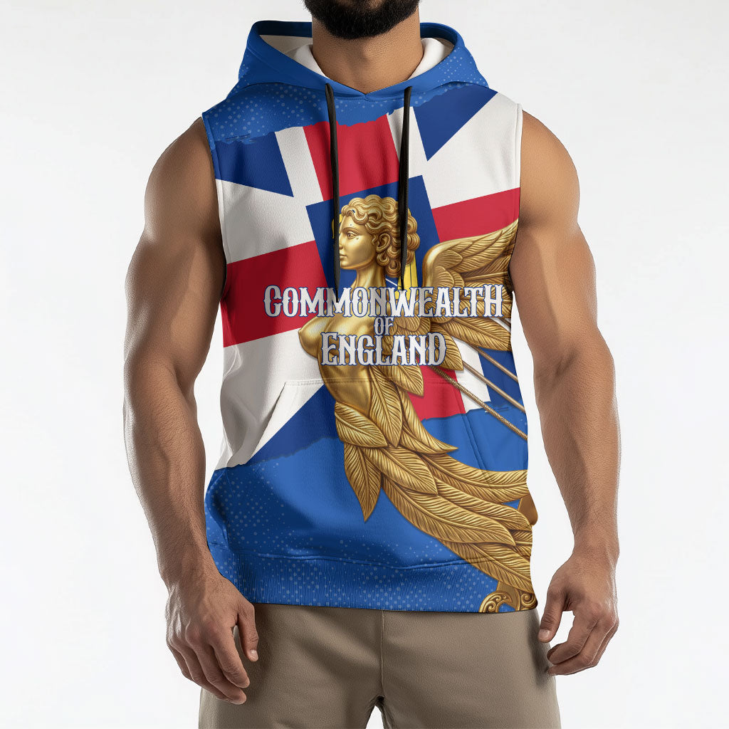 Commonwealth Of England Flag Golden Angel Sleeveless Hoodie Historical British Heritage Winged Figure