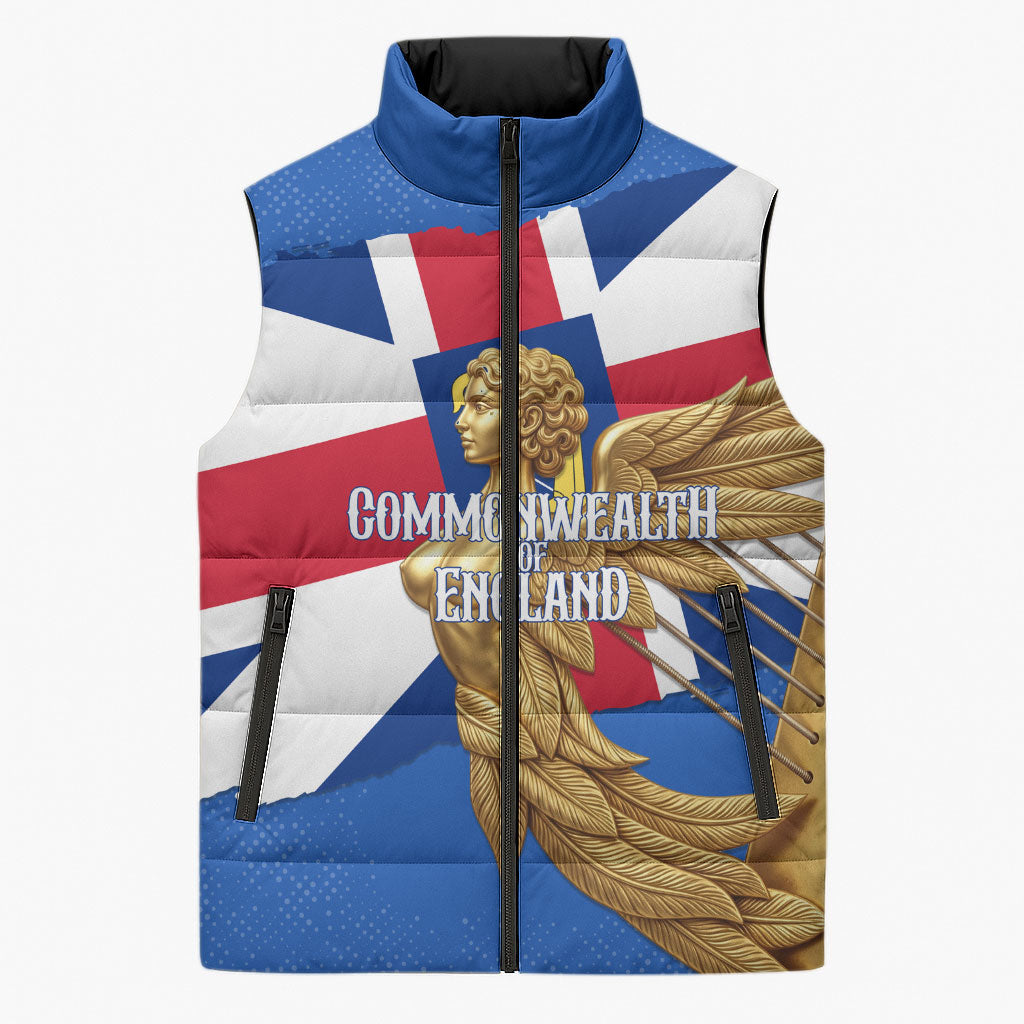 Commonwealth Of England Flag Golden Angel Sleeveless Puffer Jacket Historical British Heritage Winged Figure