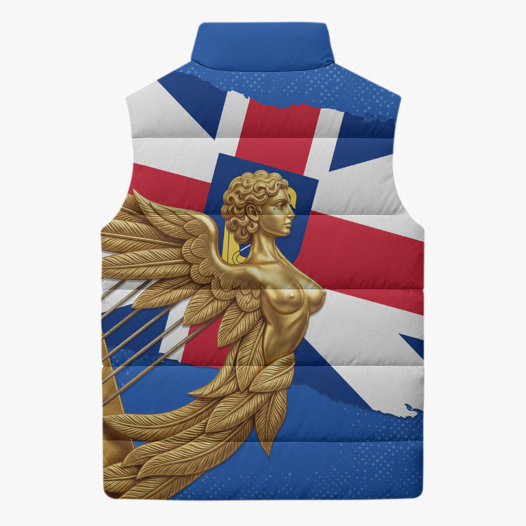 Commonwealth Of England Flag Golden Angel Sleeveless Puffer Jacket Historical British Heritage Winged Figure
