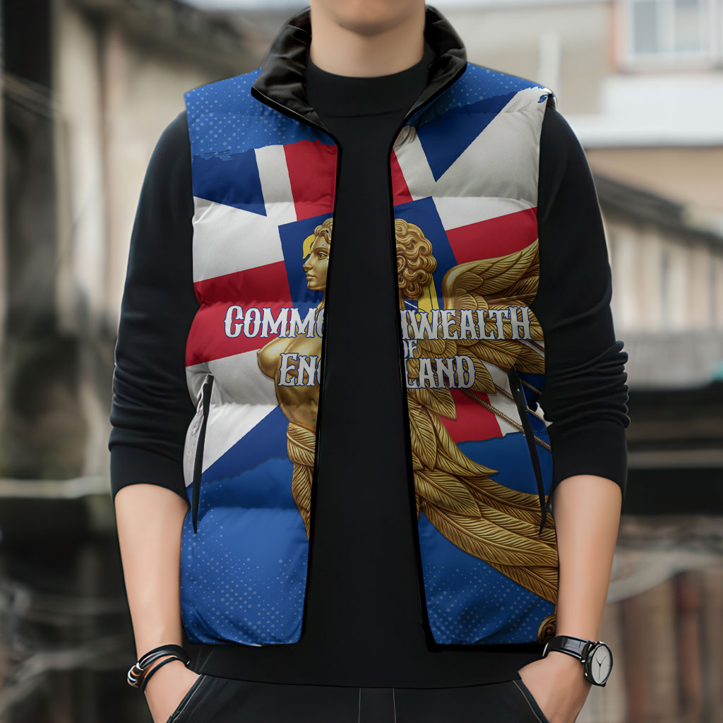 Commonwealth Of England Flag Golden Angel Sleeveless Puffer Jacket Historical British Heritage Winged Figure