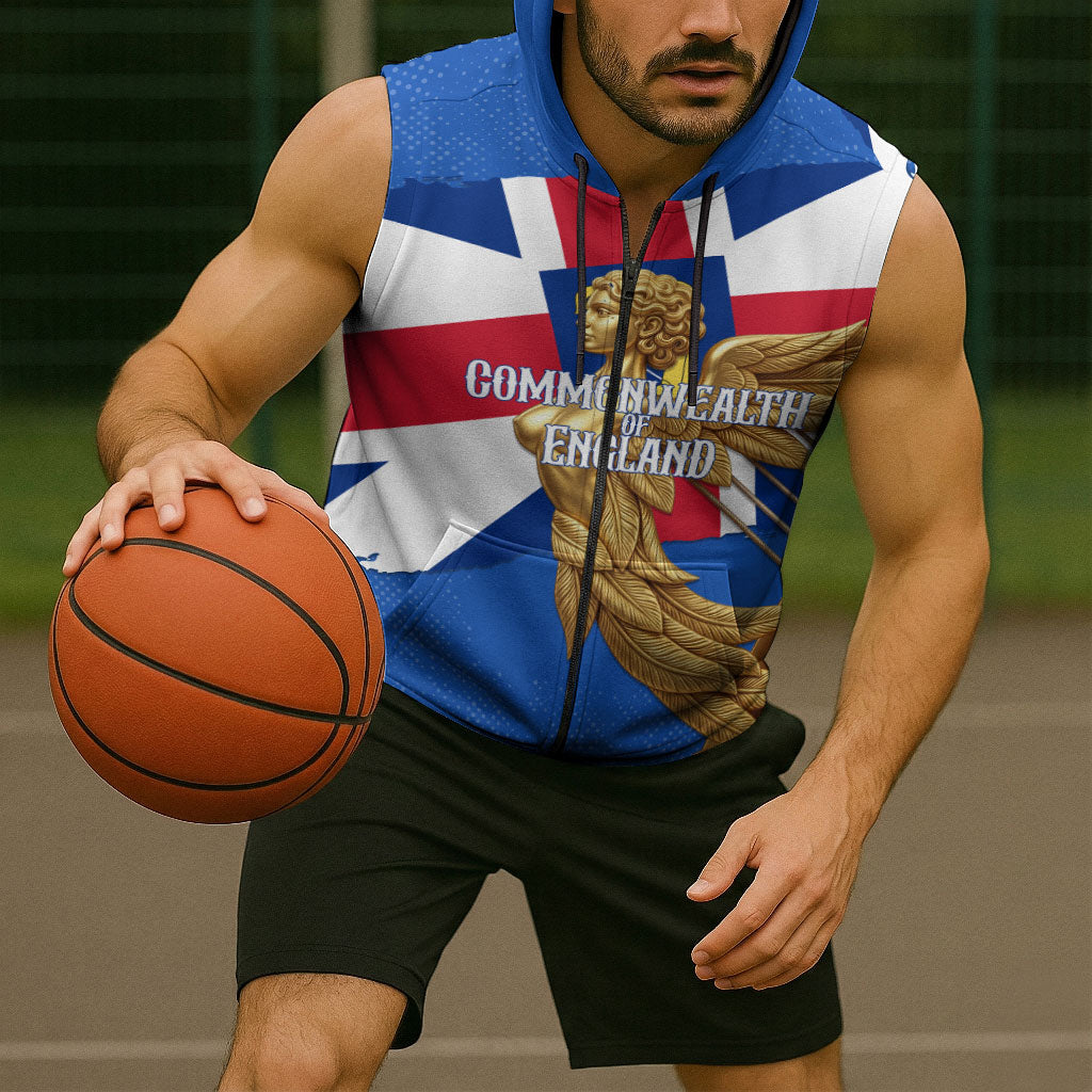 Commonwealth Of England Flag Golden Angel Sleeveless Zip Hoodie Historical British Heritage Winged Figure