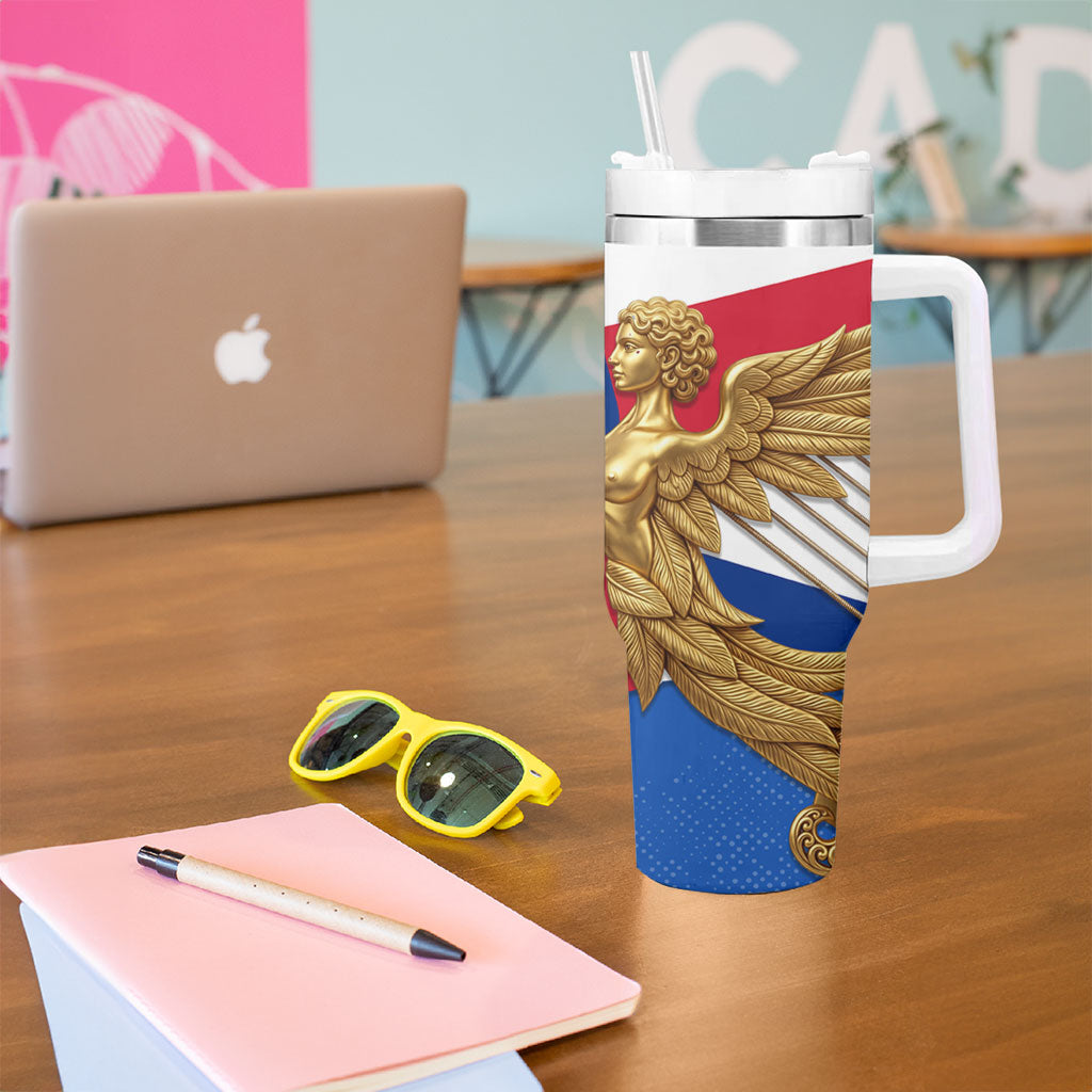 Commonwealth Of England Flag Golden Angel Tumbler With Handle Historical British Heritage Winged Figure