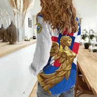 Commonwealth Of England Flag Golden Angel Women Casual Shirt Historical British Heritage Winged Figure