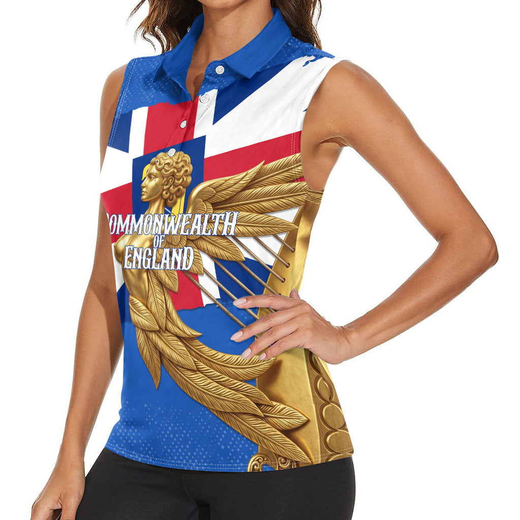 Commonwealth Of England Flag Golden Angel Women Sleeveless Polo Shirt Historical British Heritage Winged Figure