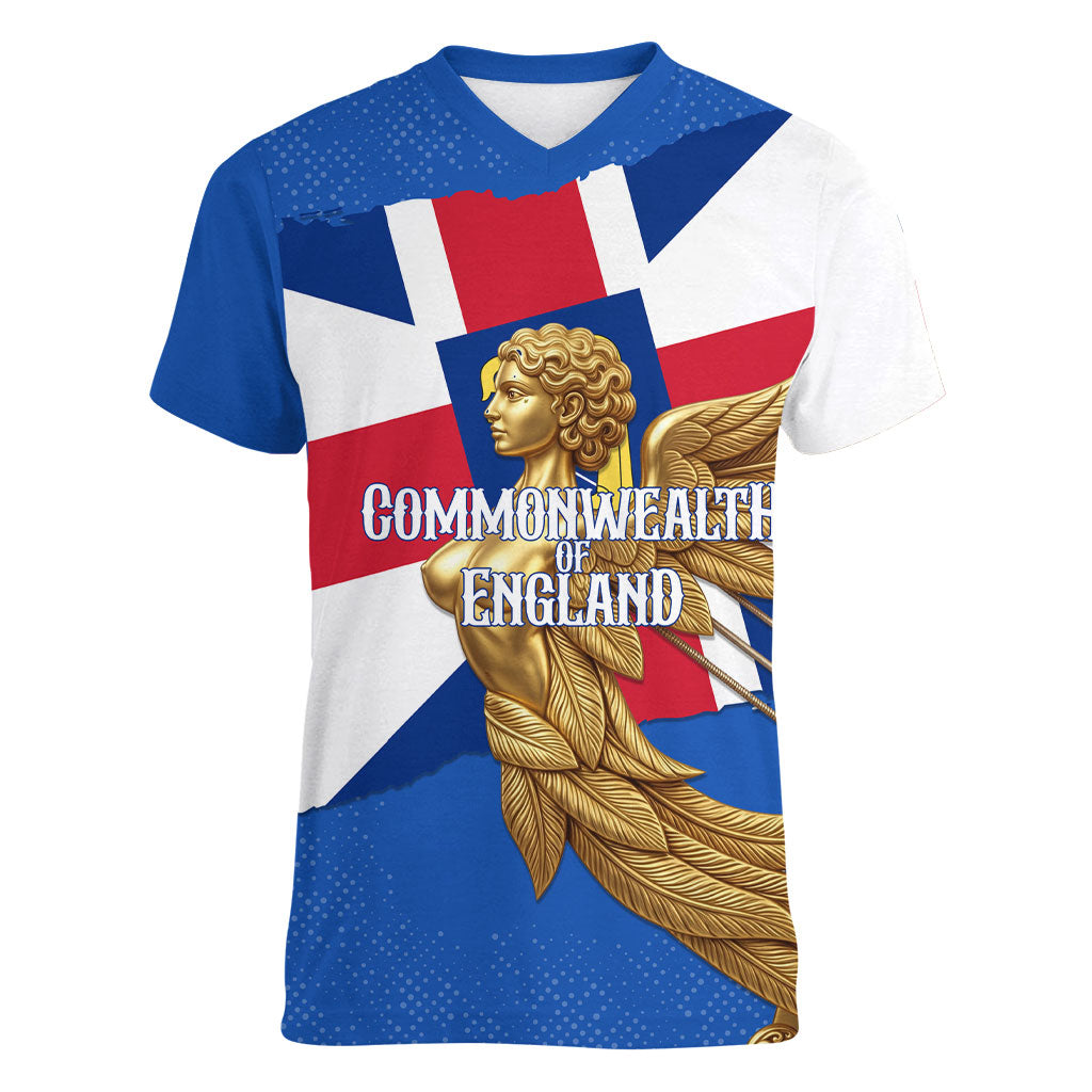 Commonwealth Of England Flag Golden Angel Women V-Neck T-Shirt Historical British Heritage Winged Figure