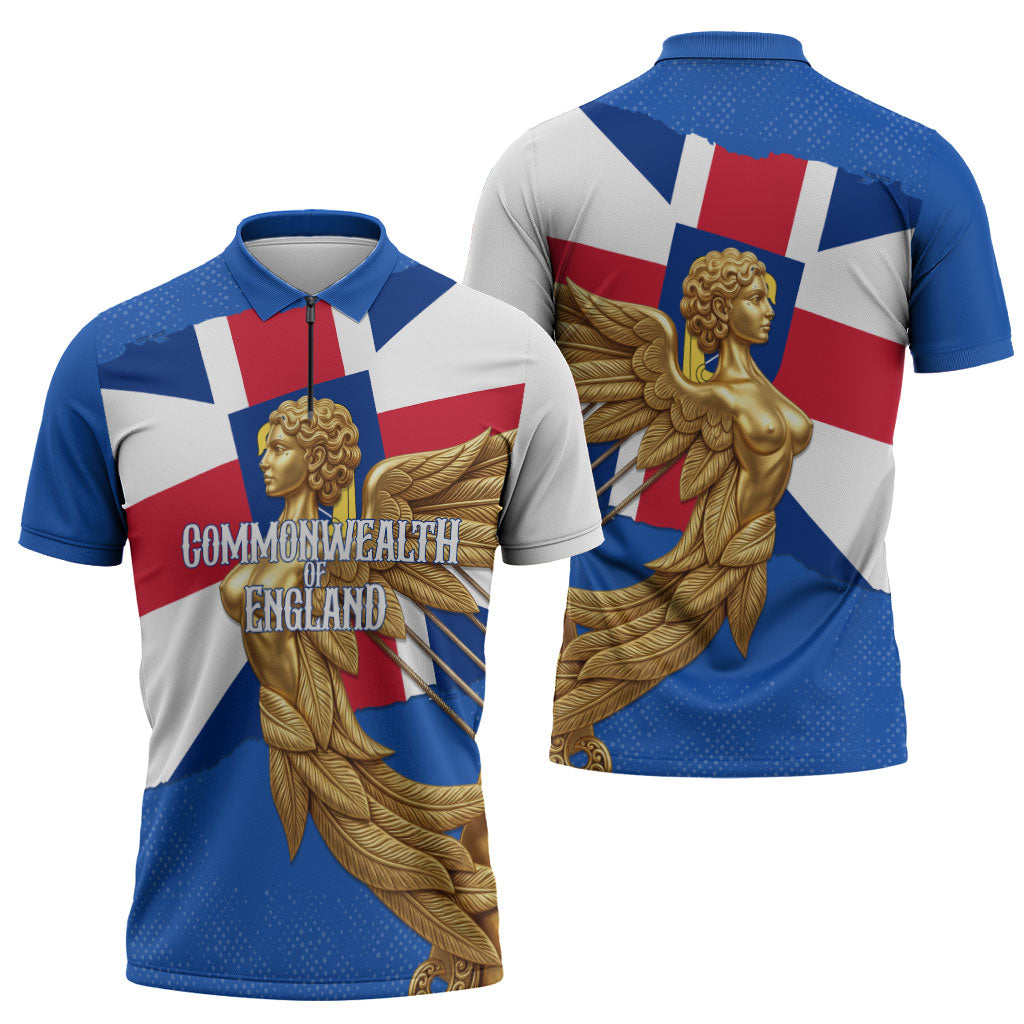 Commonwealth Of England Flag Golden Angel Zipper Polo Shirt Historical British Heritage Winged Figure