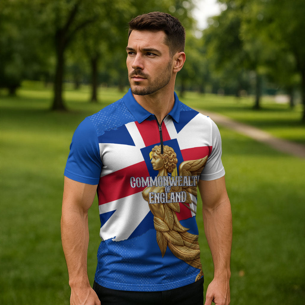 Commonwealth Of England Flag Golden Angel Zipper Polo Shirt Historical British Heritage Winged Figure