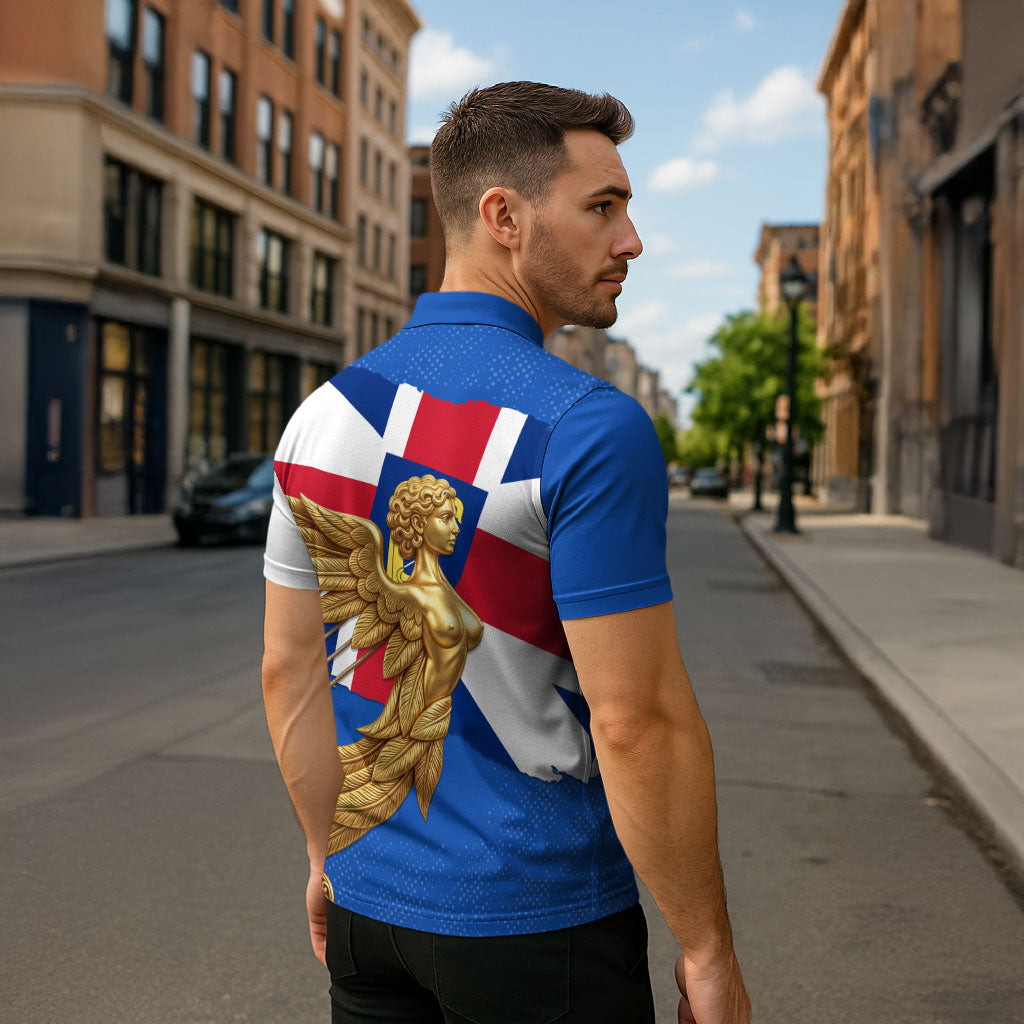 Commonwealth Of England Flag Golden Angel Zipper Polo Shirt Historical British Heritage Winged Figure