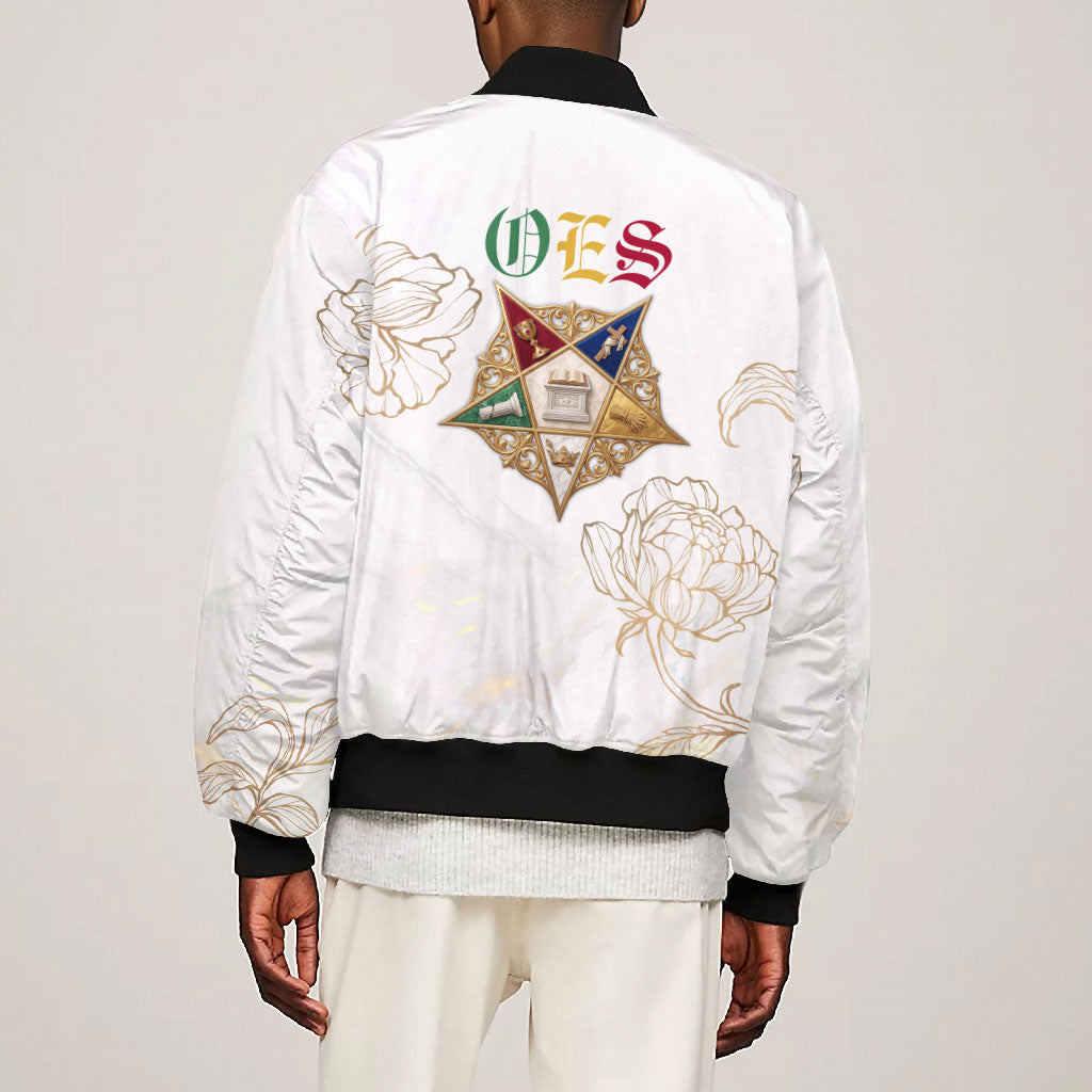 Order Of The Eastern Star Bomber Jacket OES Elegant Floral Line Art Fraternal Symbolism