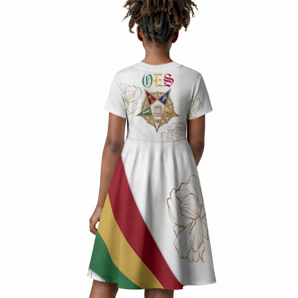 Order Of The Eastern Star Kid Short Sleeve Dress OES Elegant Floral Line Art Fraternal Symbolism