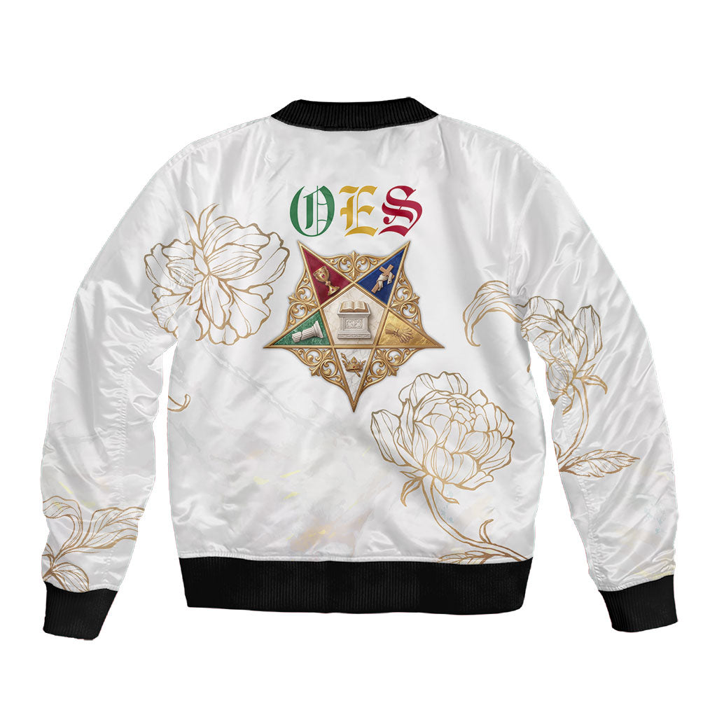 Order Of The Eastern Star Sleeve Zip Bomber Jacket OES Elegant Floral Line Art Fraternal Symbolism
