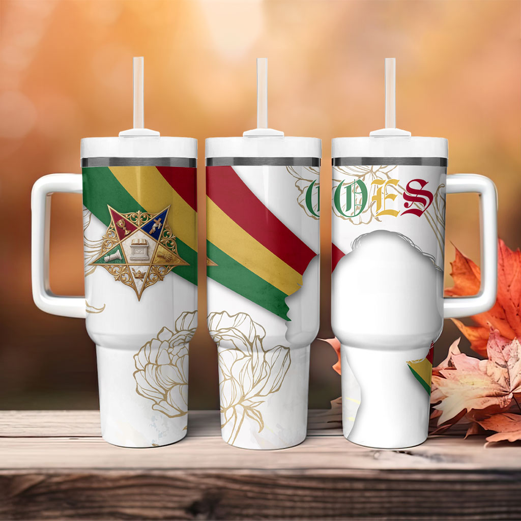 Order Of The Eastern Star Tumbler With Handle OES Elegant Floral Line Art Fraternal Symbolism