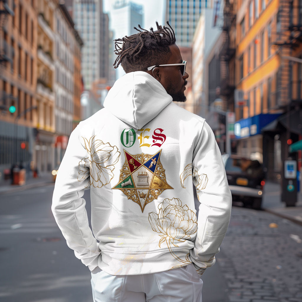 Order Of The Eastern Star Zip Hoodie OES Elegant Floral Line Art Fraternal Symbolism